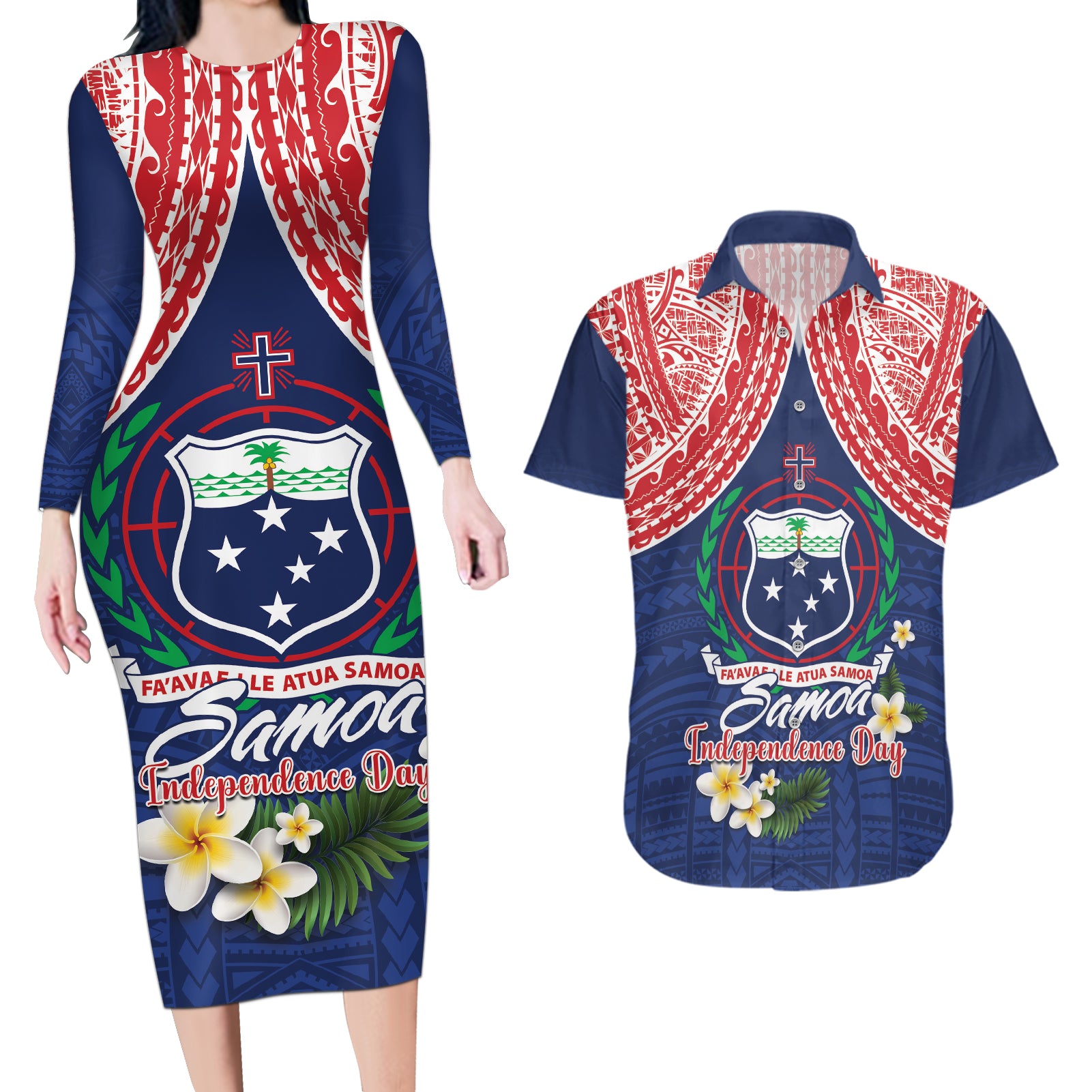 Samoan Independence Day Couples Matching Long Sleeve Bodycon Dress and Hawaiian Shirt Manuia Le Tutoatasi O Samoa