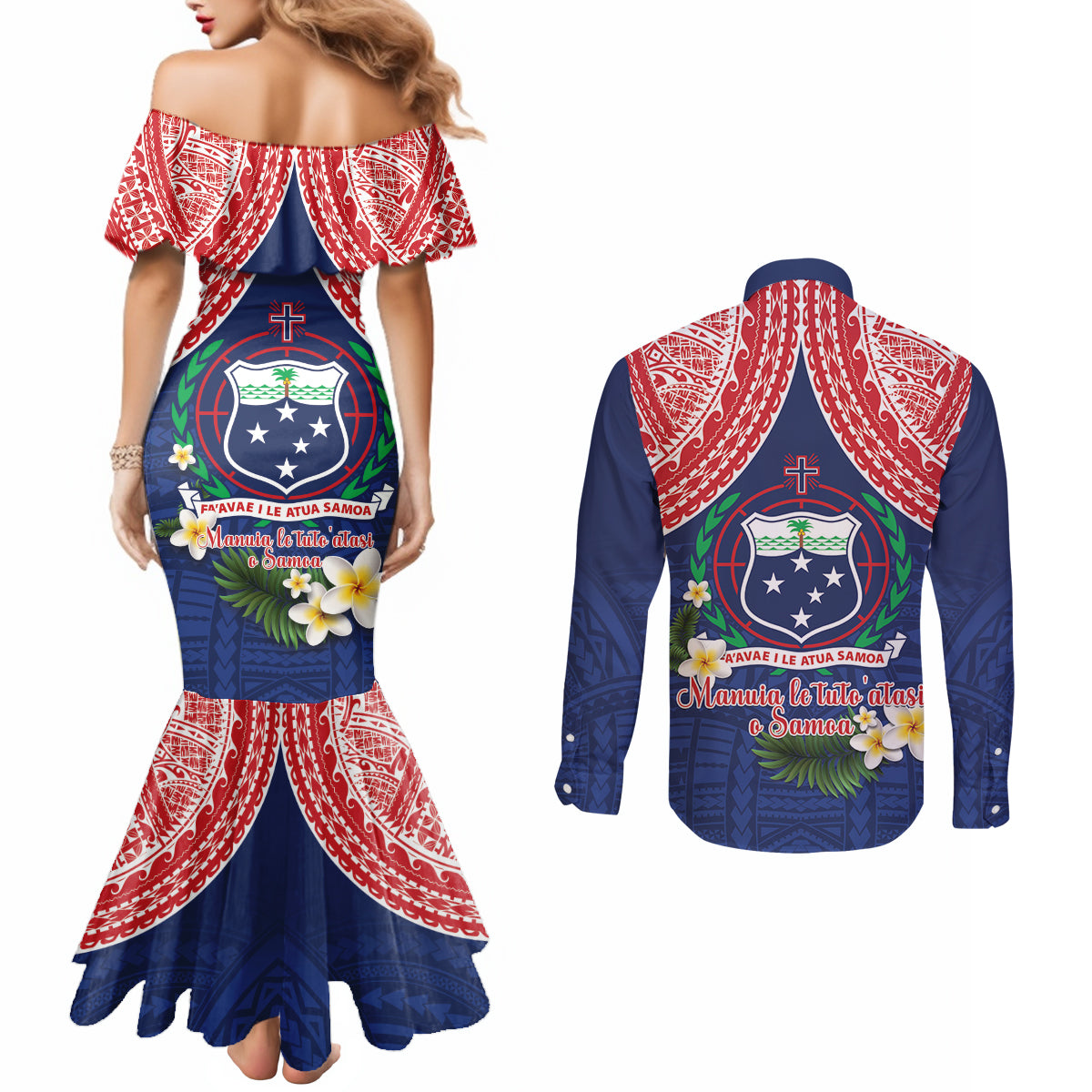 Samoan Independence Day Couples Matching Mermaid Dress and Long Sleeve Button Shirt Manuia Le Tutoatasi O Samoa