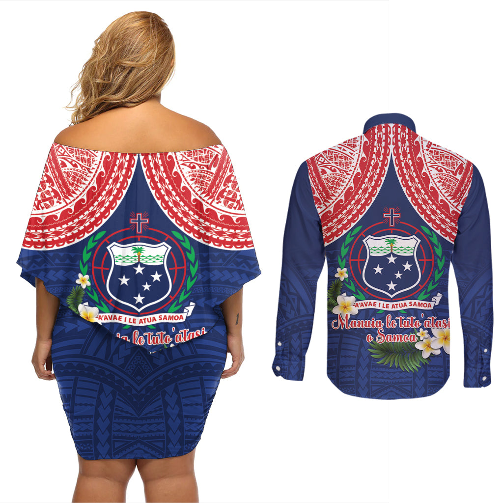 Samoan Independence Day Couples Matching Off Shoulder Short Dress and Long Sleeve Button Shirt Manuia Le Tutoatasi O Samoa