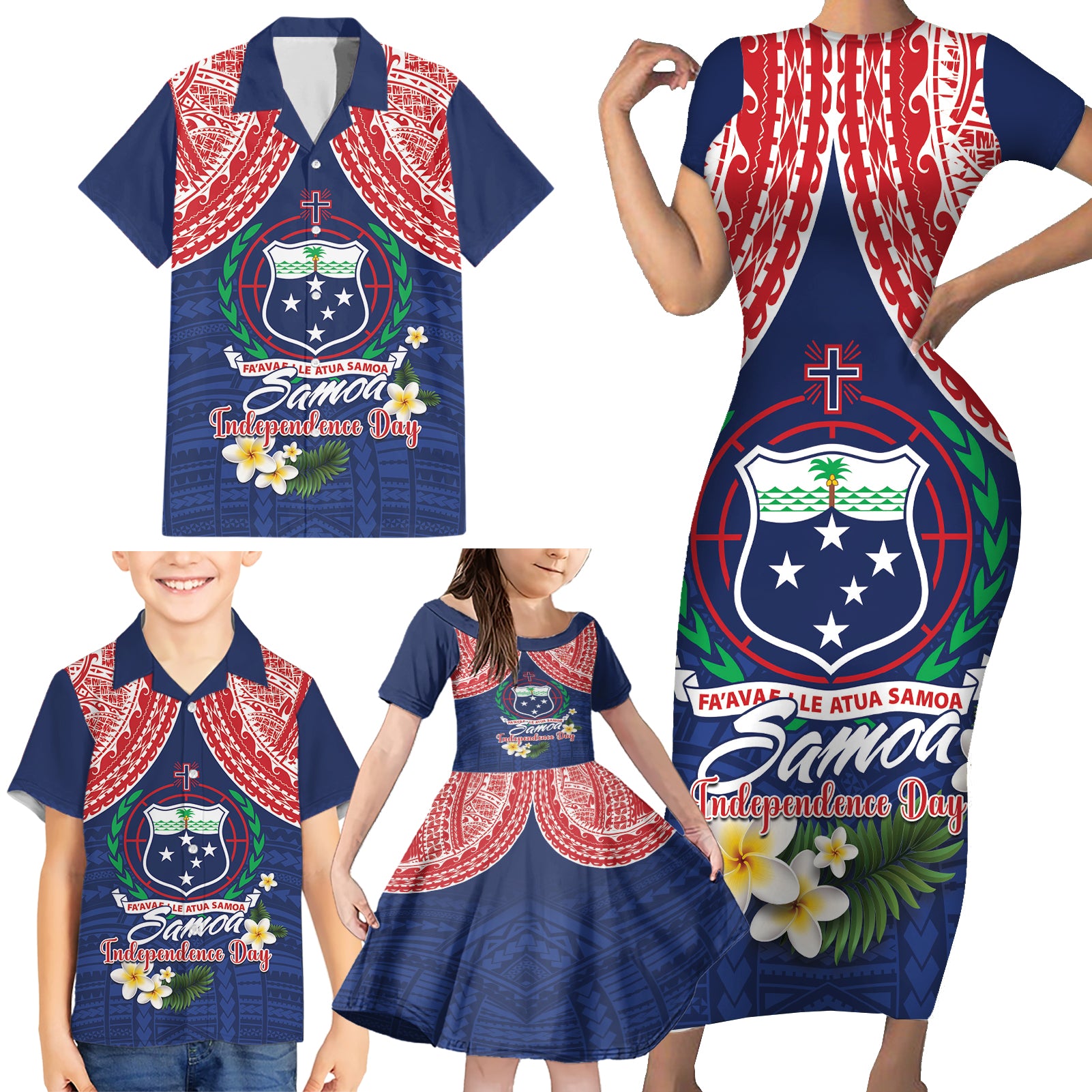 Samoan Independence Day Family Matching Short Sleeve Bodycon Dress and Hawaiian Shirt Manuia Le Tutoatasi O Samoa