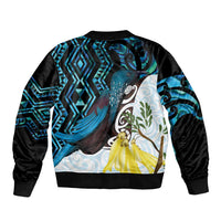 New Zealand Silver Fern Tui Bird Bomber Jacket Maori Kowhai Paua Shell Taniko Motifs