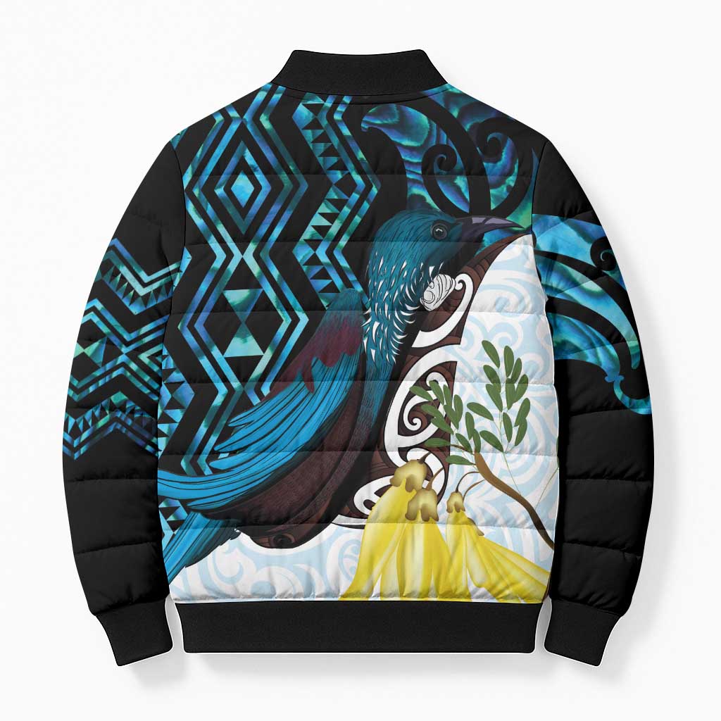 New Zealand Silver Fern Tui Bird Bomber Puffer Jacket Maori Kowhai Paua Shell Taniko Motifs - Polynesian Pride