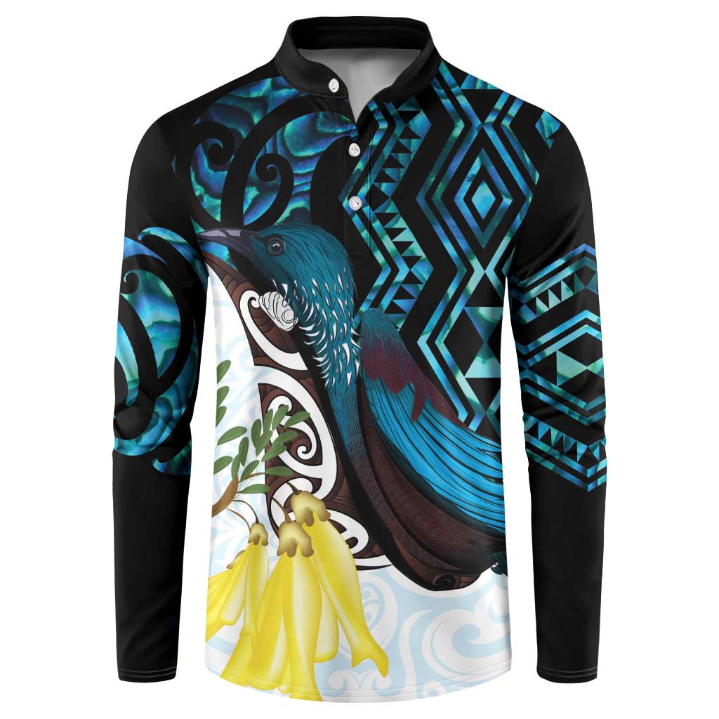 New Zealand Silver Fern Tui Bird Button Sweatshirt Maori Kowhai Paua Shell Taniko Motifs