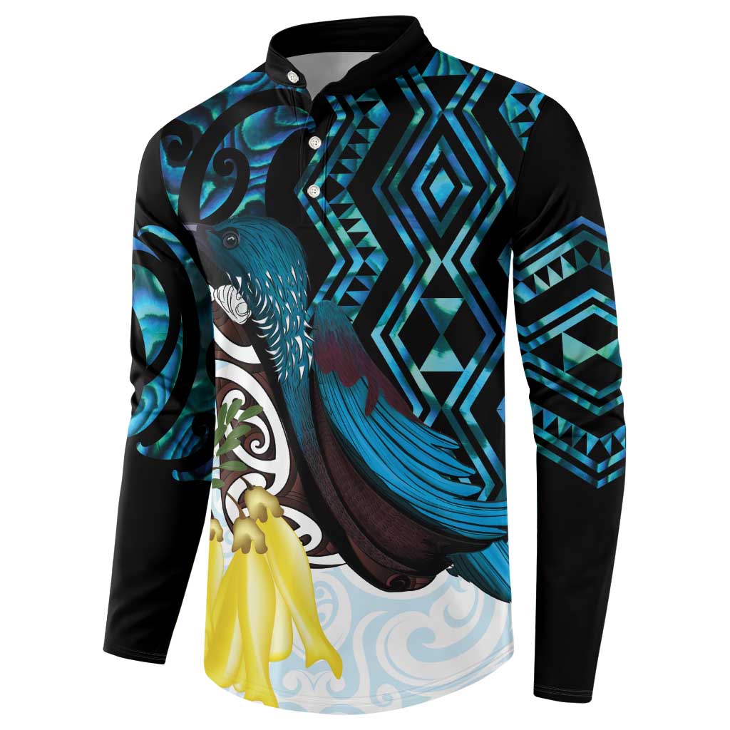 New Zealand Silver Fern Tui Bird Button Sweatshirt Maori Kowhai Paua Shell Taniko Motifs