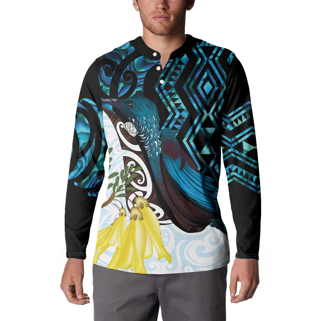 New Zealand Silver Fern Tui Bird Button Sweatshirt Maori Kowhai Paua Shell Taniko Motifs