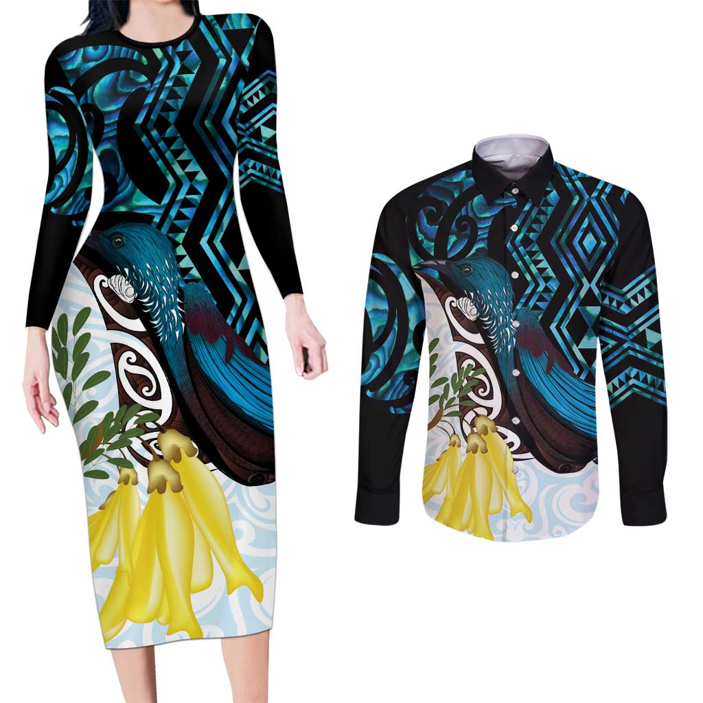 New Zealand Silver Fern Tui Bird Couples Matching Long Sleeve Bodycon Dress and Long Sleeve Button Shirt Maori Kowhai Paua Shell Taniko Motifs
