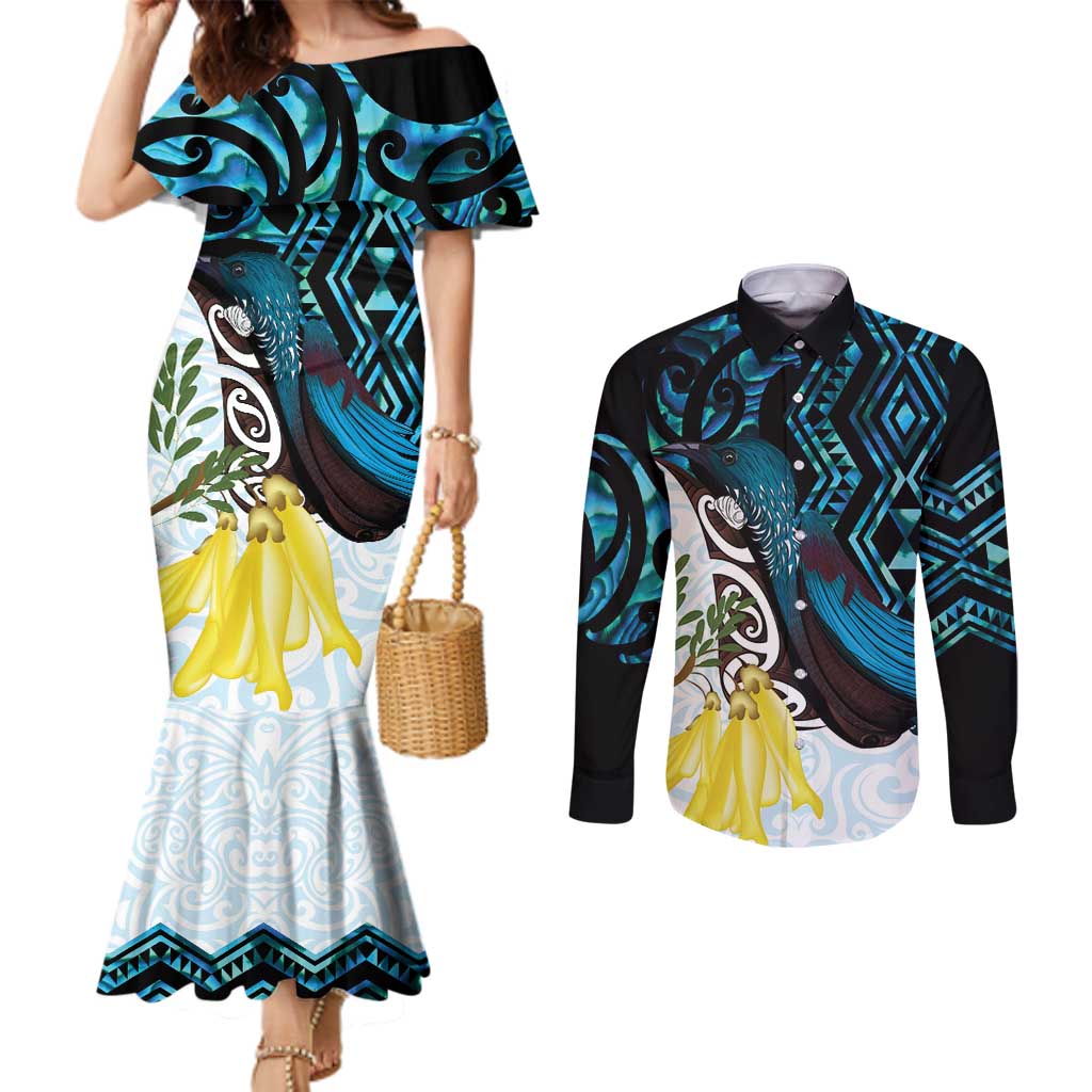 New Zealand Silver Fern Tui Bird Couples Matching Mermaid Dress and Long Sleeve Button Shirt Maori Kowhai Paua Shell Taniko Motifs
