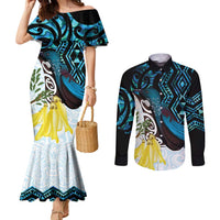 New Zealand Silver Fern Tui Bird Couples Matching Mermaid Dress and Long Sleeve Button Shirt Maori Kowhai Paua Shell Taniko Motifs