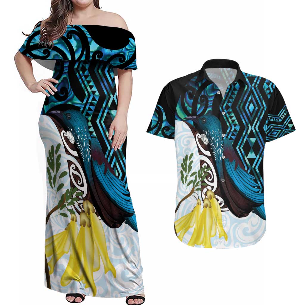 New Zealand Silver Fern Tui Bird Couples Matching Off Shoulder Maxi Dress and Hawaiian Shirt Maori Kowhai Paua Shell Taniko Motifs