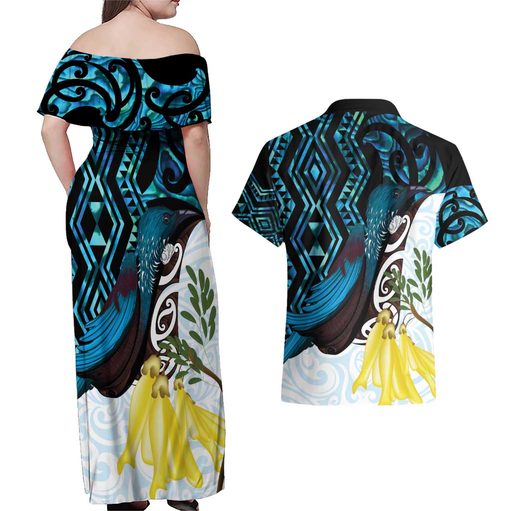 New Zealand Silver Fern Tui Bird Couples Matching Off Shoulder Maxi Dress and Hawaiian Shirt Maori Kowhai Paua Shell Taniko Motifs