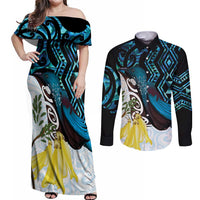New Zealand Silver Fern Tui Bird Couples Matching Off Shoulder Maxi Dress and Long Sleeve Button Shirt Maori Kowhai Paua Shell Taniko Motifs