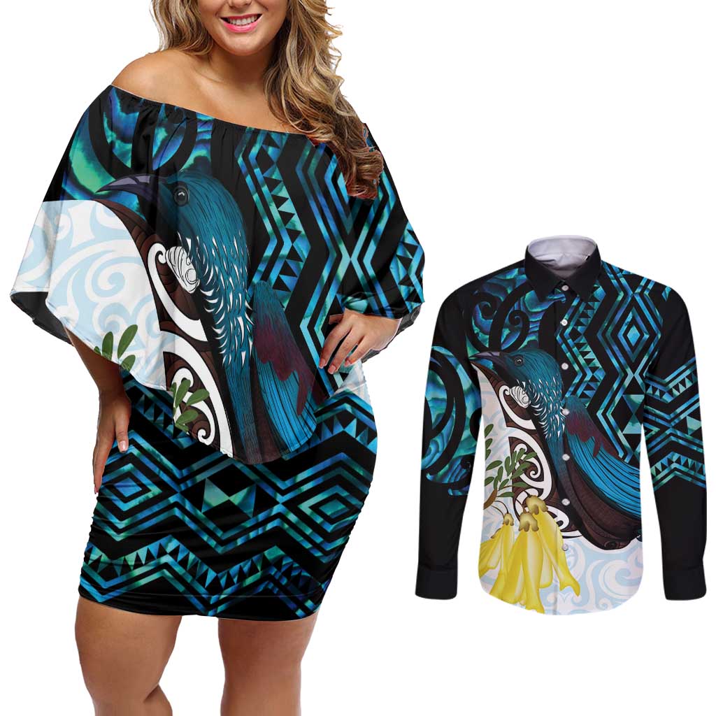 New Zealand Silver Fern Tui Bird Couples Matching Off Shoulder Short Dress and Long Sleeve Button Shirt Maori Kowhai Paua Shell Taniko Motifs