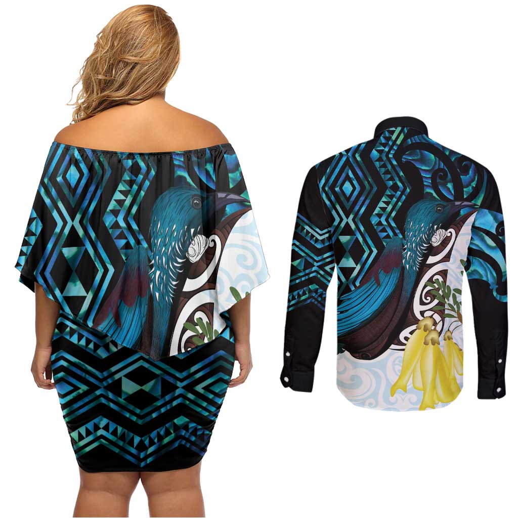 New Zealand Silver Fern Tui Bird Couples Matching Off Shoulder Short Dress and Long Sleeve Button Shirt Maori Kowhai Paua Shell Taniko Motifs