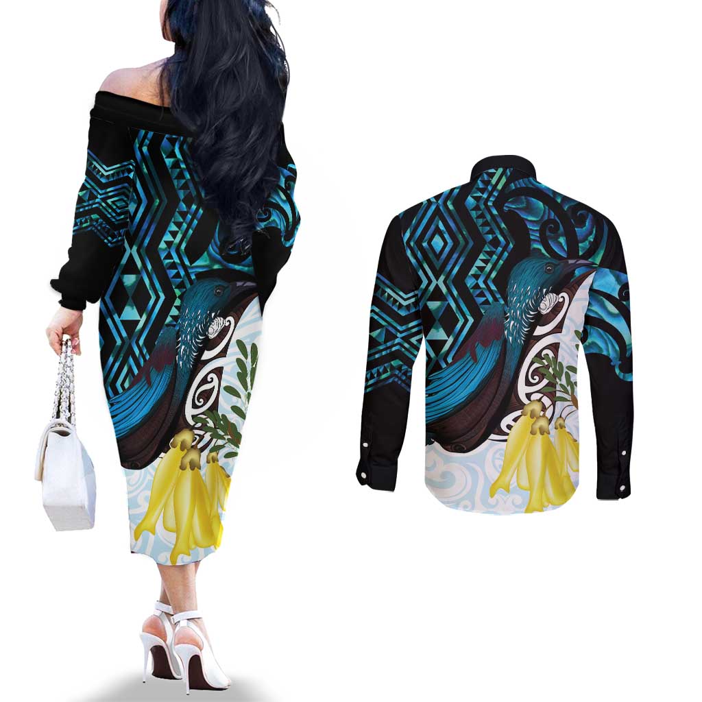 New Zealand Silver Fern Tui Bird Couples Matching Off The Shoulder Long Sleeve Dress and Long Sleeve Button Shirt Maori Kowhai Paua Shell Taniko Motifs