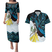 New Zealand Silver Fern Tui Bird Couples Matching Puletasi and Hawaiian Shirt Maori Kowhai Paua Shell Taniko Motifs