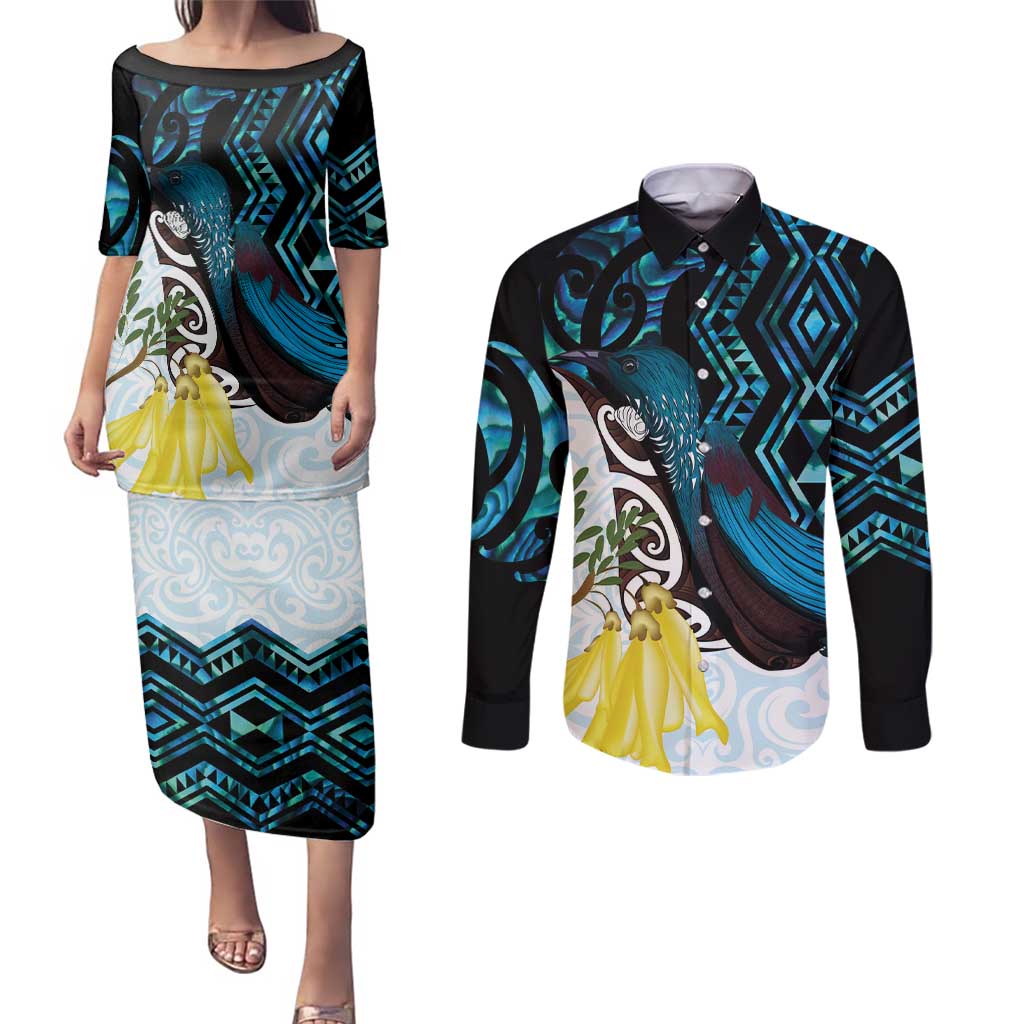 New Zealand Silver Fern Tui Bird Couples Matching Puletasi and Long Sleeve Button Shirt Maori Kowhai Paua Shell Taniko Motifs