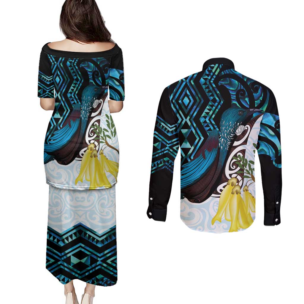 New Zealand Silver Fern Tui Bird Couples Matching Puletasi and Long Sleeve Button Shirt Maori Kowhai Paua Shell Taniko Motifs