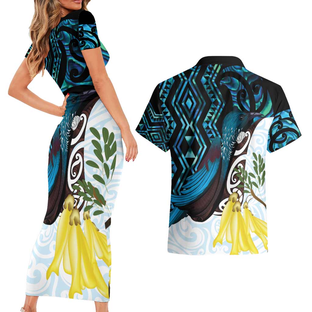 New Zealand Silver Fern Tui Bird Couples Matching Short Sleeve Bodycon Dress and Hawaiian Shirt Maori Kowhai Paua Shell Taniko Motifs