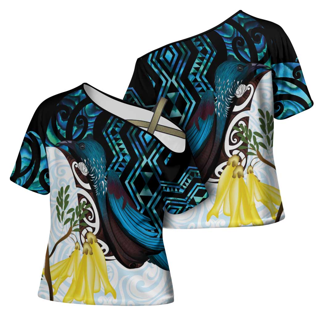 New Zealand Silver Fern Tui Bird Cross Shoulder Shirt Maori Kowhai Paua Shell Taniko Motifs - Polynesian Pride