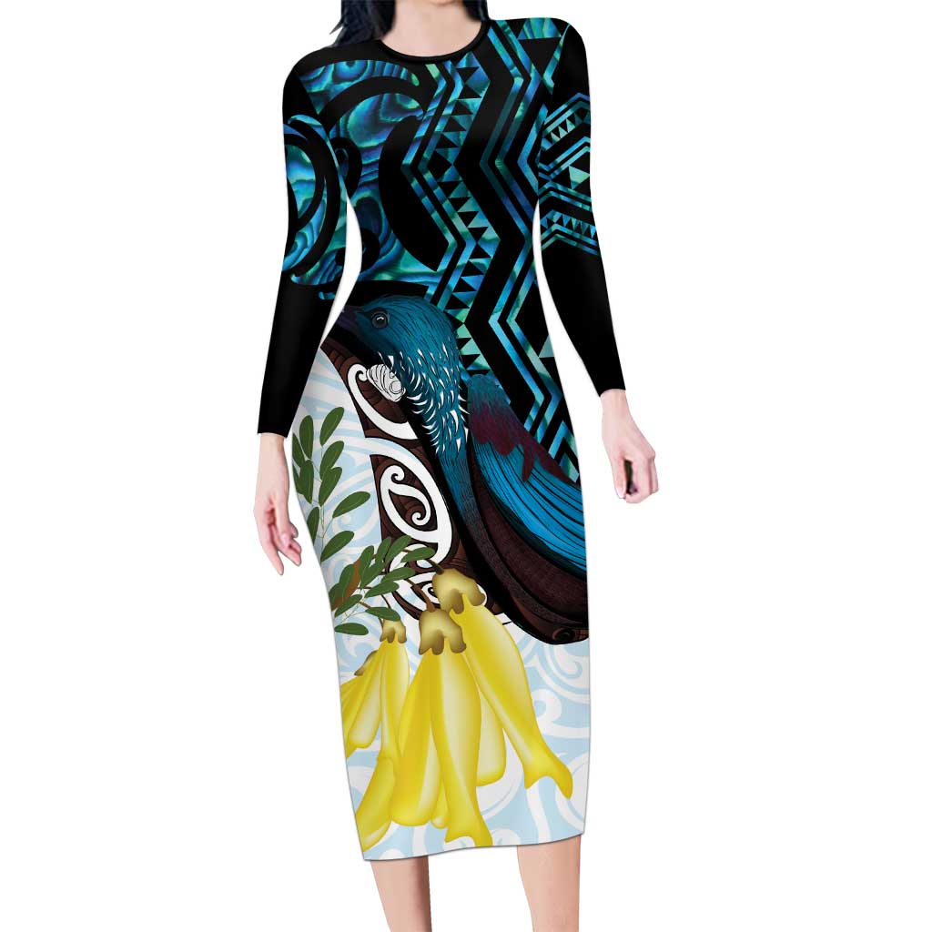 New Zealand Silver Fern Tui Bird Family Matching Long Sleeve Bodycon Dress and Hawaiian Shirt Maori Kowhai Paua Shell Taniko Motifs