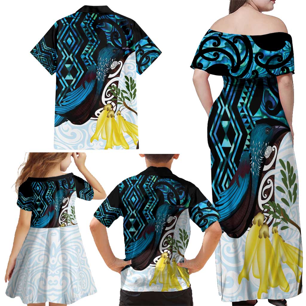 New Zealand Silver Fern Tui Bird Family Matching Off Shoulder Maxi Dress and Hawaiian Shirt Maori Kowhai Paua Shell Taniko Motifs