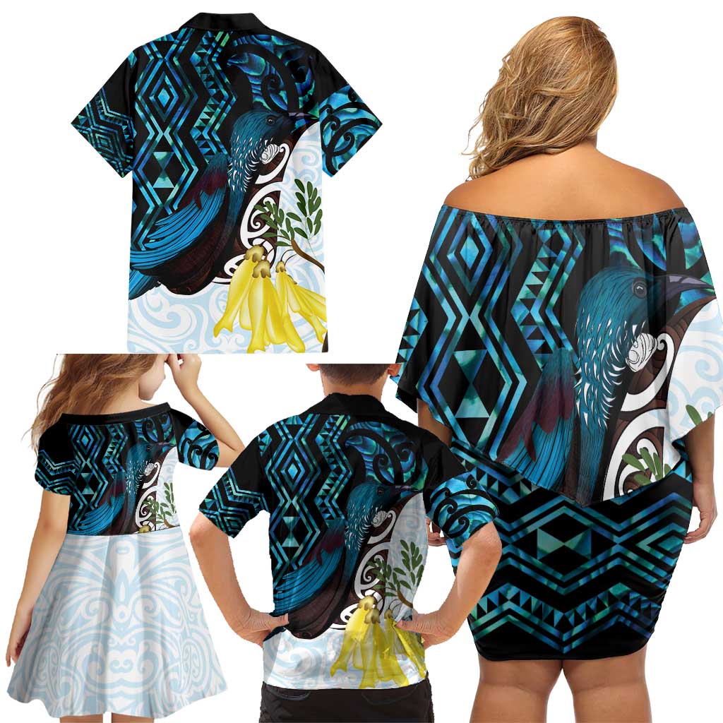 New Zealand Silver Fern Tui Bird Family Matching Off Shoulder Short Dress and Hawaiian Shirt Maori Kowhai Paua Shell Taniko Motifs