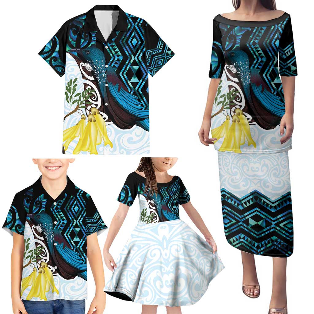 New Zealand Silver Fern Tui Bird Family Matching Puletasi and Hawaiian Shirt Maori Kowhai Paua Shell Taniko Motifs
