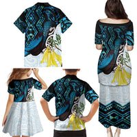 New Zealand Silver Fern Tui Bird Family Matching Puletasi and Hawaiian Shirt Maori Kowhai Paua Shell Taniko Motifs