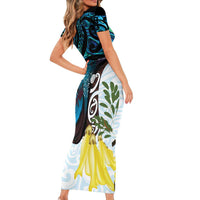 New Zealand Silver Fern Tui Bird Family Matching Short Sleeve Bodycon Dress and Hawaiian Shirt Maori Kowhai Paua Shell Taniko Motifs