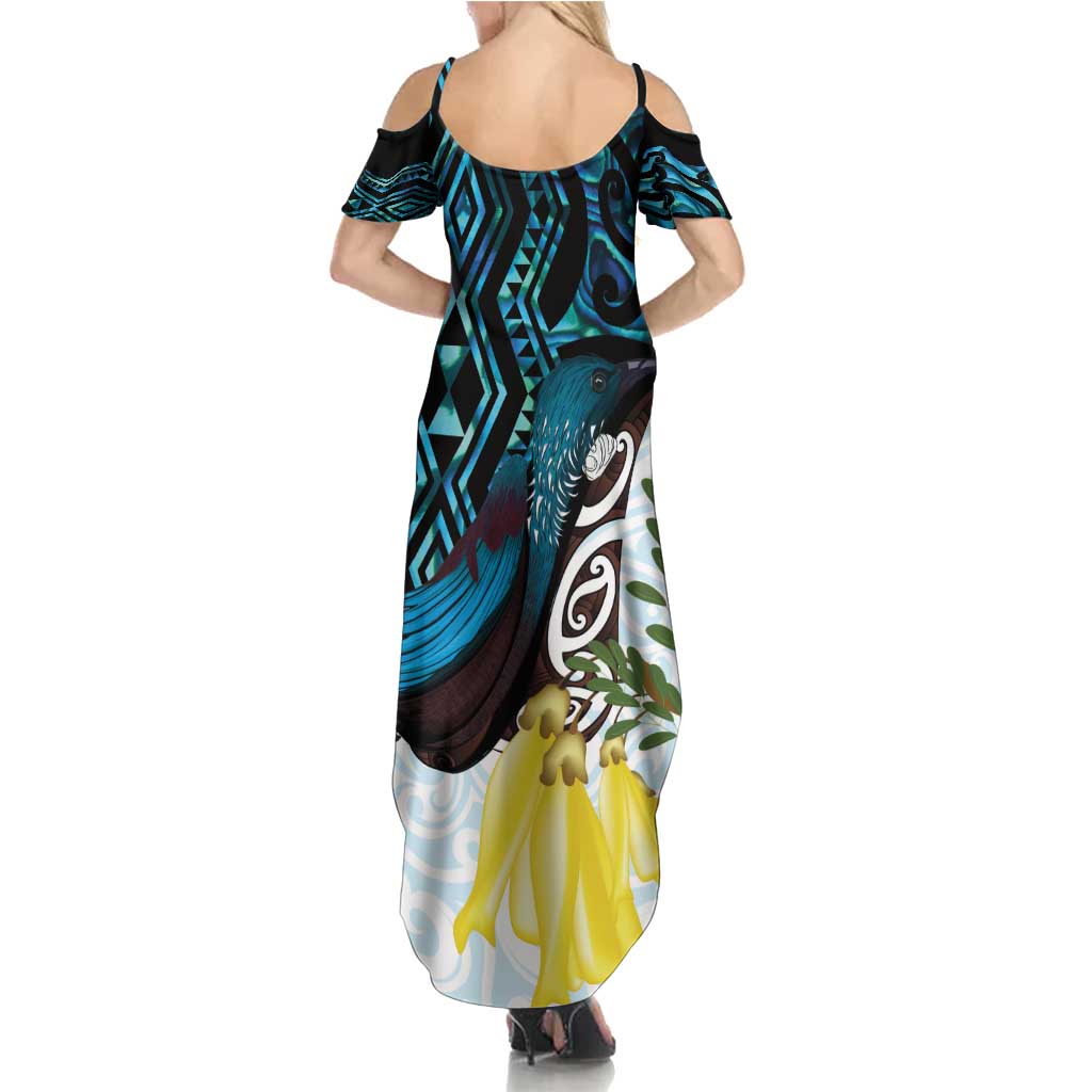 New Zealand Silver Fern Tui Bird Family Matching Summer Maxi Dress and Hawaiian Shirt Maori Kowhai Paua Shell Taniko Motifs
