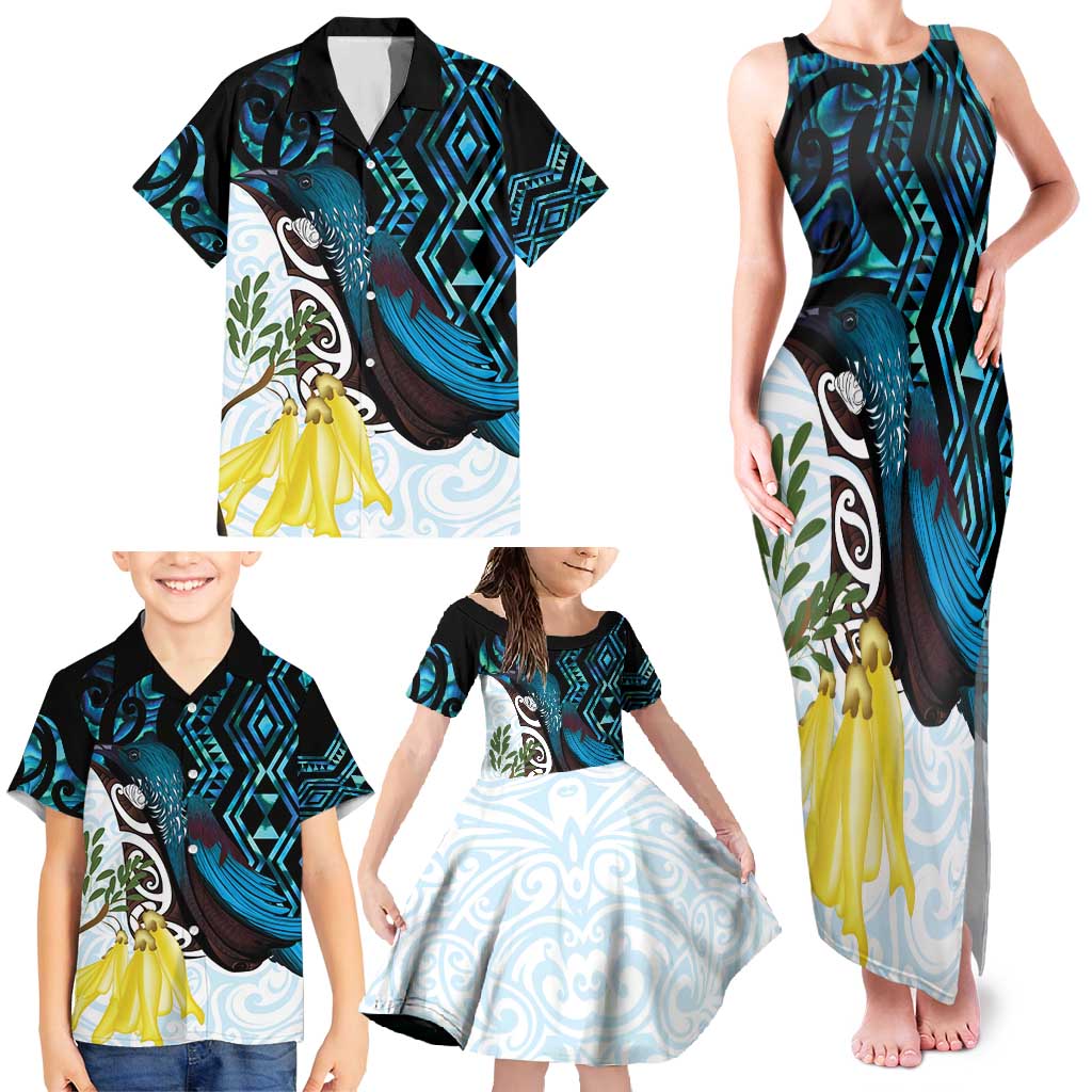 New Zealand Silver Fern Tui Bird Family Matching Tank Maxi Dress and Hawaiian Shirt Maori Kowhai Paua Shell Taniko Motifs
