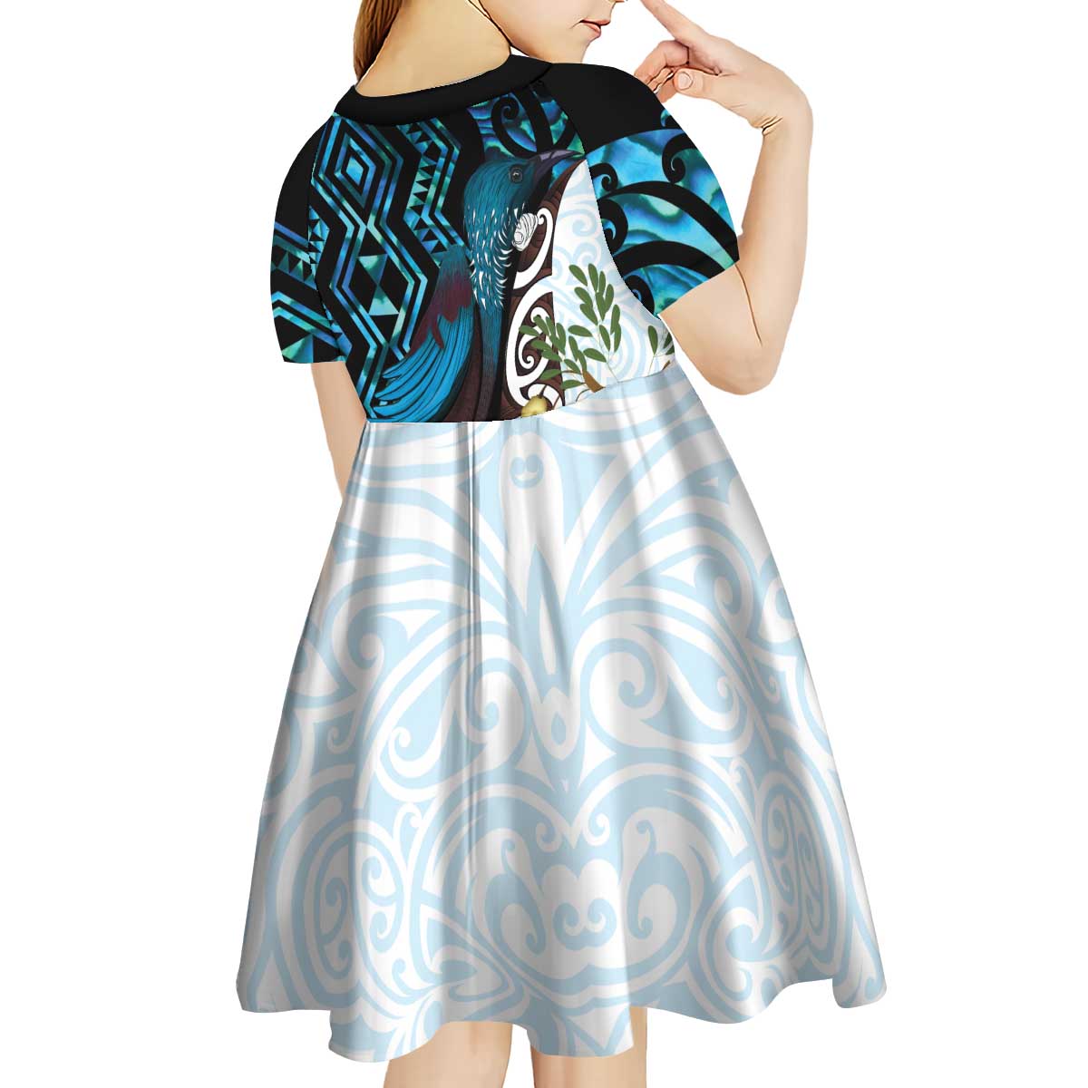 New Zealand Silver Fern Tui Bird Kid Short Sleeve Dress Maori Kowhai Paua Shell Taniko Motifs