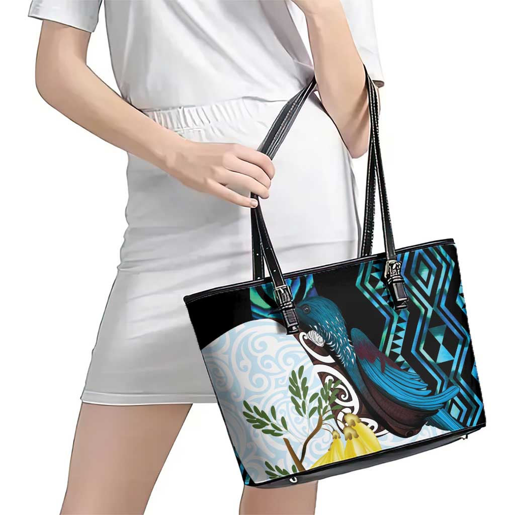 New Zealand Silver Fern Tui Bird Leather Tote Bag Maori Kowhai Paua Shell Taniko Motifs