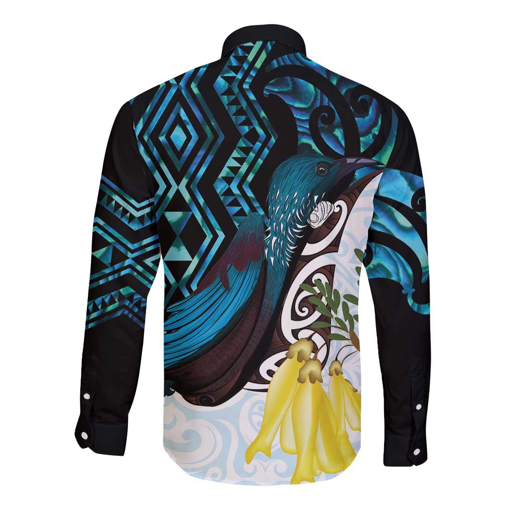 New Zealand Silver Fern Tui Bird Long Sleeve Button Shirt Maori Kowhai Paua Shell Taniko Motifs
