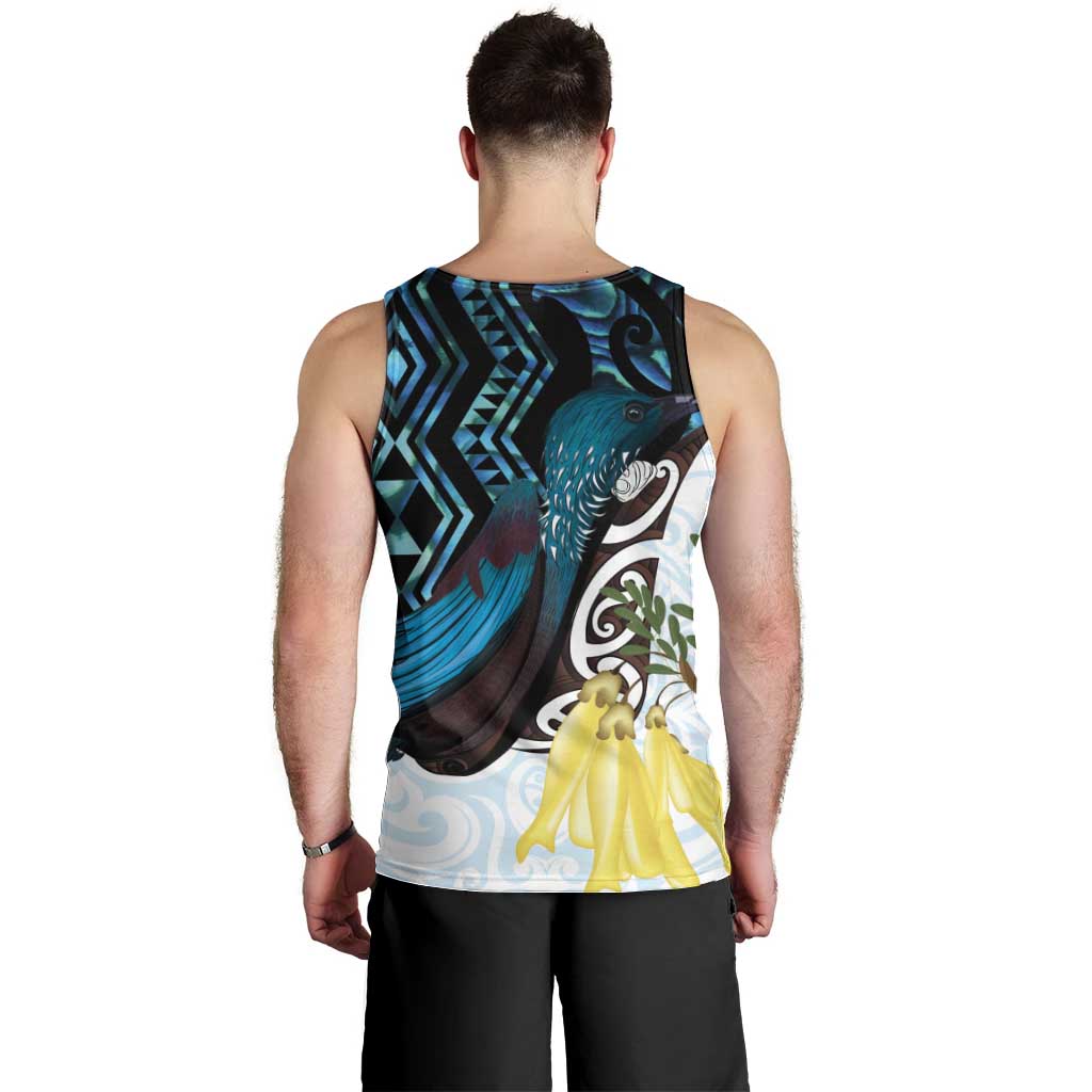 New Zealand Silver Fern Tui Bird Men Tank Top Maori Kowhai Paua Shell Taniko Motifs
