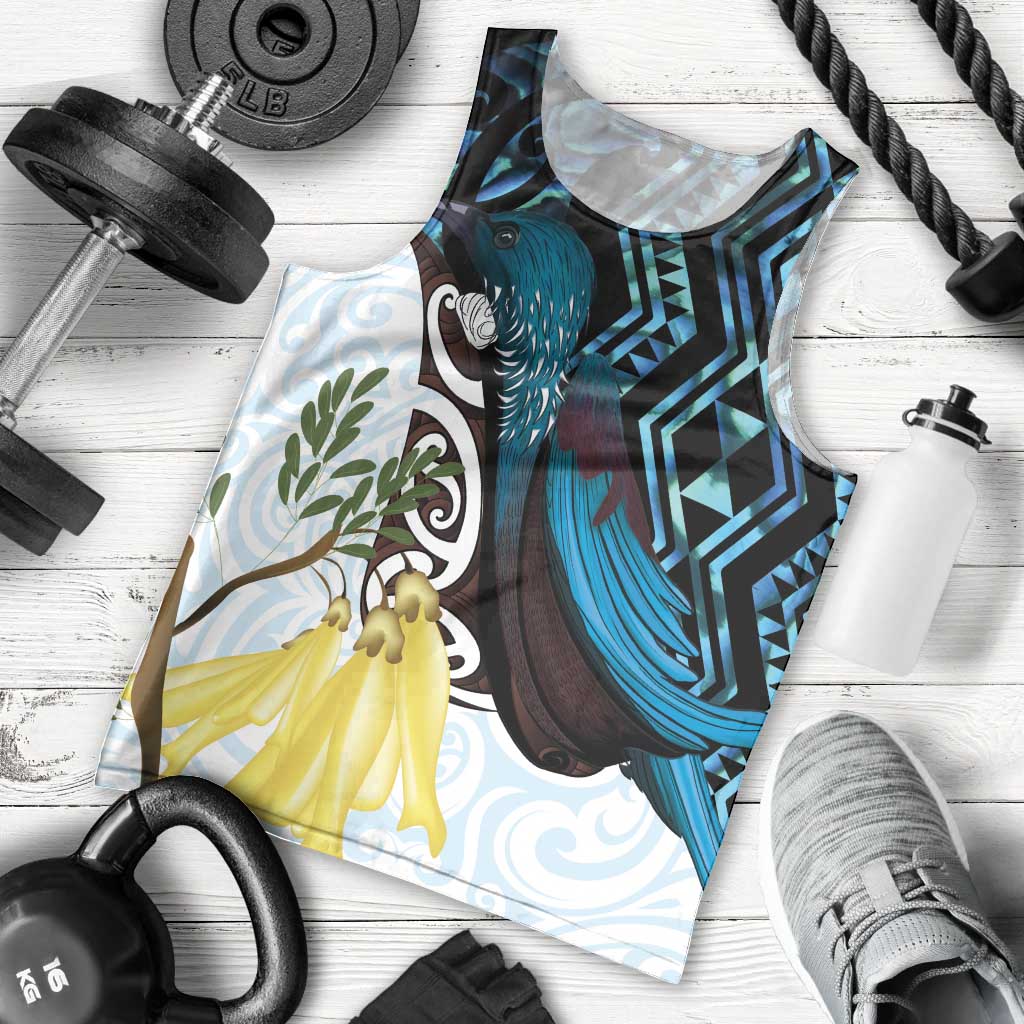 New Zealand Silver Fern Tui Bird Men Tank Top Maori Kowhai Paua Shell Taniko Motifs