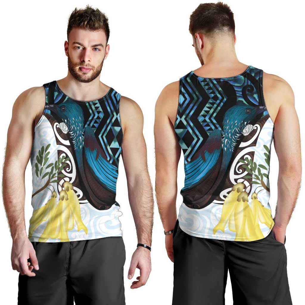 New Zealand Silver Fern Tui Bird Men Tank Top Maori Kowhai Paua Shell Taniko Motifs