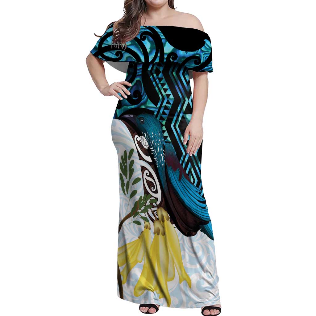 New Zealand Silver Fern Tui Bird Off Shoulder Maxi Dress Maori Kowhai Paua Shell Taniko Motifs