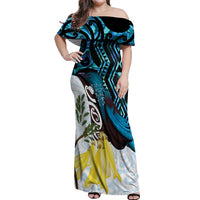 New Zealand Silver Fern Tui Bird Off Shoulder Maxi Dress Maori Kowhai Paua Shell Taniko Motifs