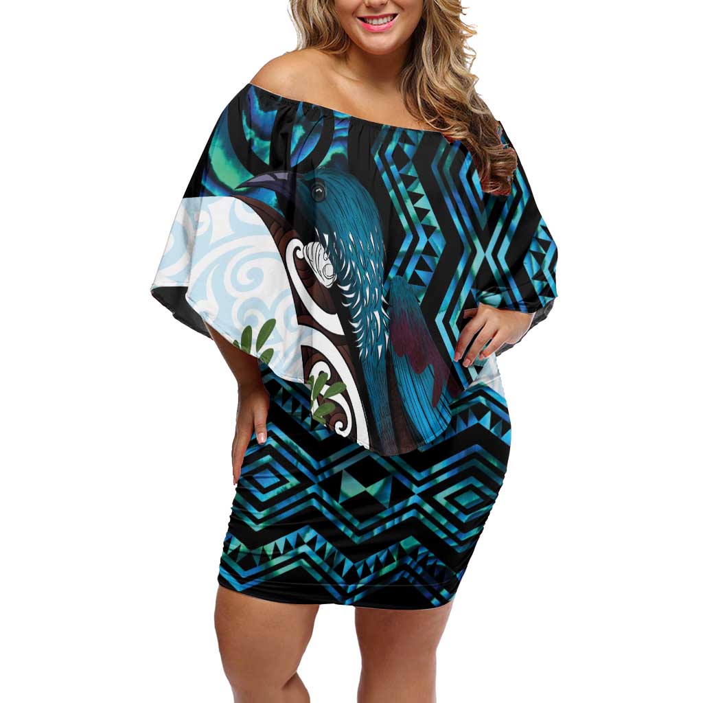 New Zealand Silver Fern Tui Bird Off Shoulder Short Dress Maori Kowhai Paua Shell Taniko Motifs