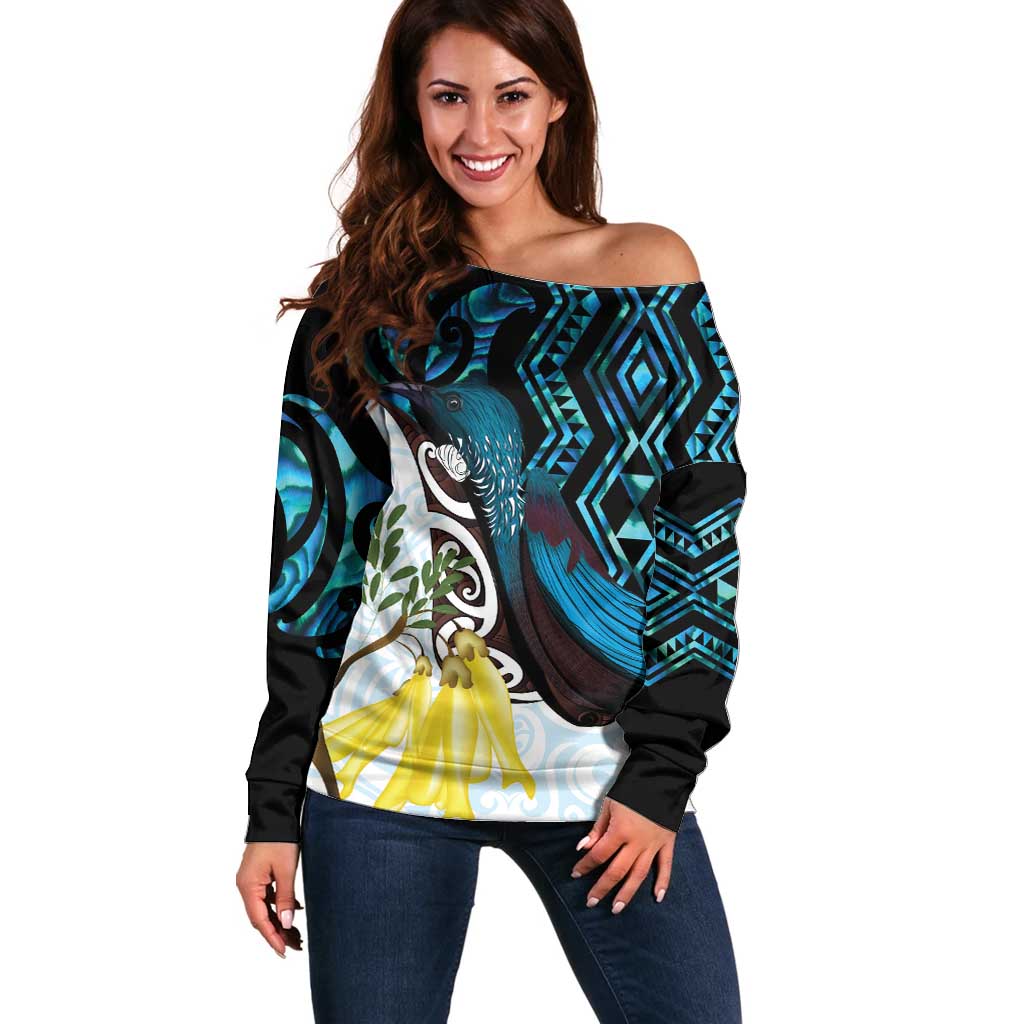New Zealand Silver Fern Tui Bird Off Shoulder Sweater Maori Kowhai Paua Shell Taniko Motifs