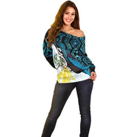 New Zealand Silver Fern Tui Bird Off Shoulder Sweater Maori Kowhai Paua Shell Taniko Motifs