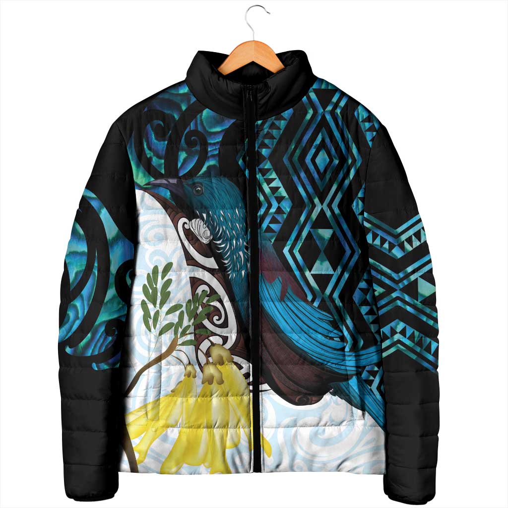 New Zealand Silver Fern Tui Bird Padded Jacket Maori Kowhai Paua Shell Taniko Motifs - Polynesian Pride