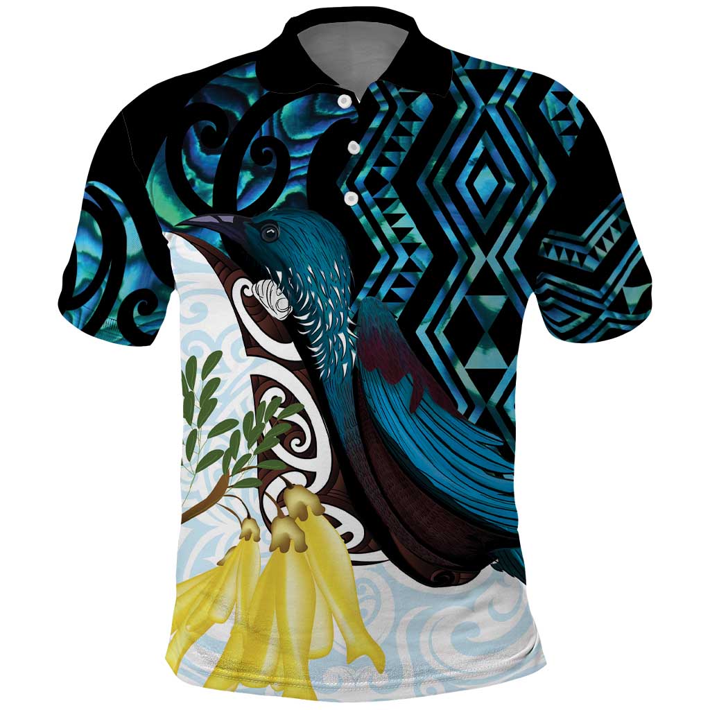 New Zealand Silver Fern Tui Bird Polo Shirt Maori Kowhai Paua Shell Taniko Motifs