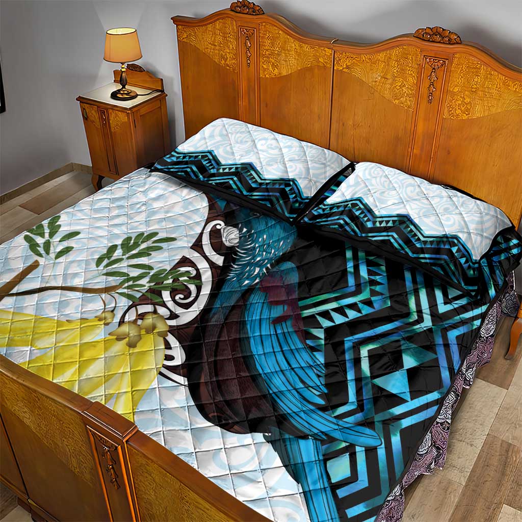 New Zealand Silver Fern Tui Bird Quilt Bed Set Maori Kowhai Paua Shell Taniko Motifs