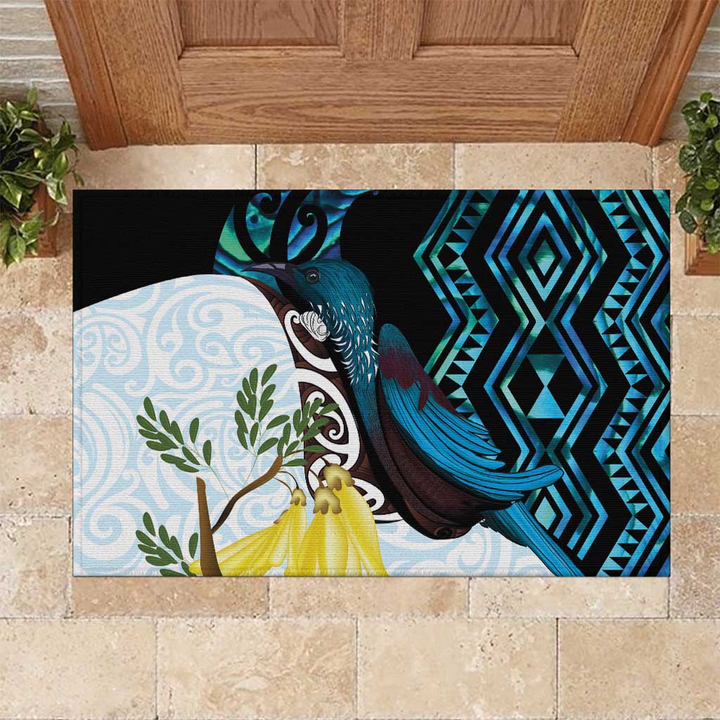 New Zealand Silver Fern Tui Bird Rubber Doormat Maori Kowhai Paua Shell Taniko Motifs