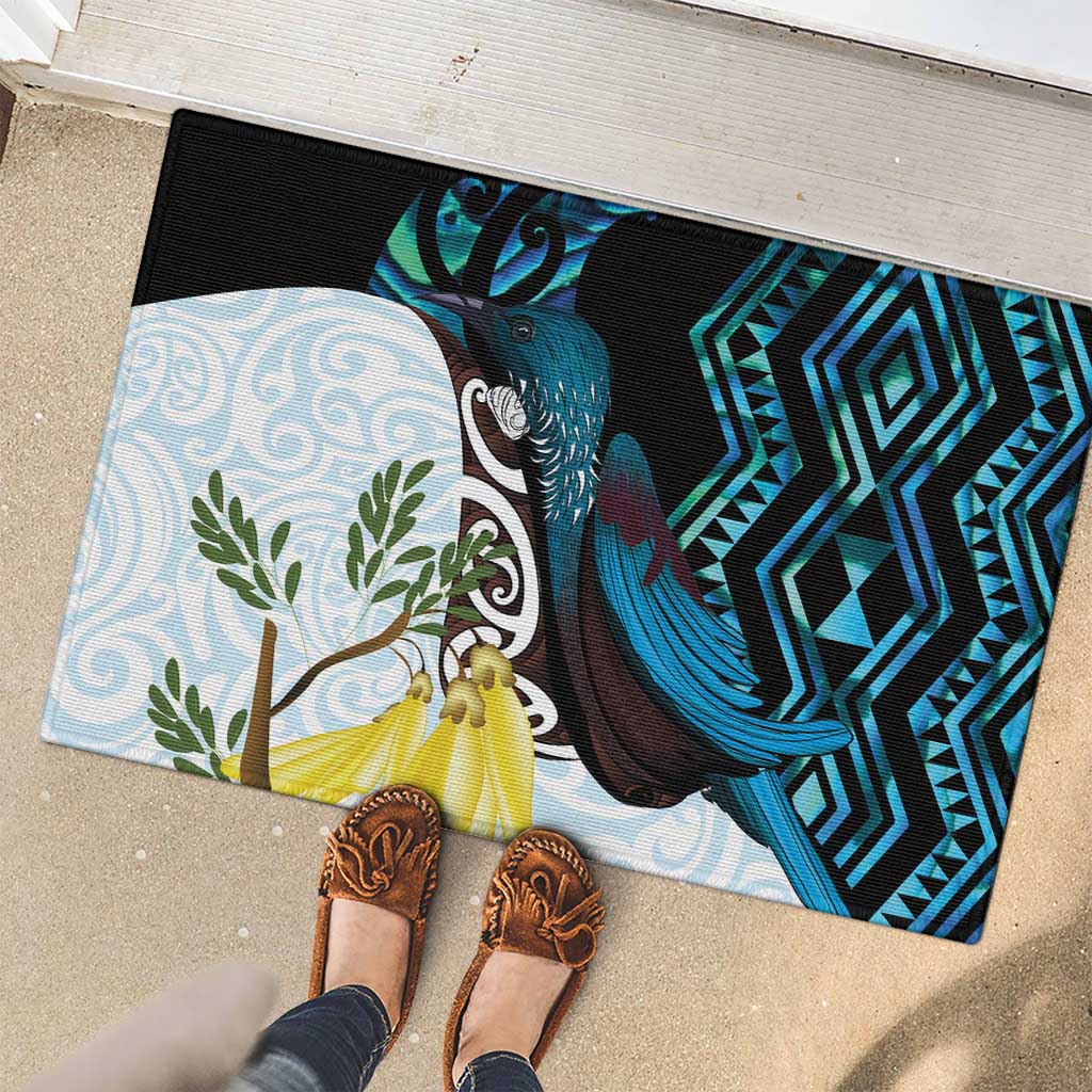 New Zealand Silver Fern Tui Bird Rubber Doormat Maori Kowhai Paua Shell Taniko Motifs