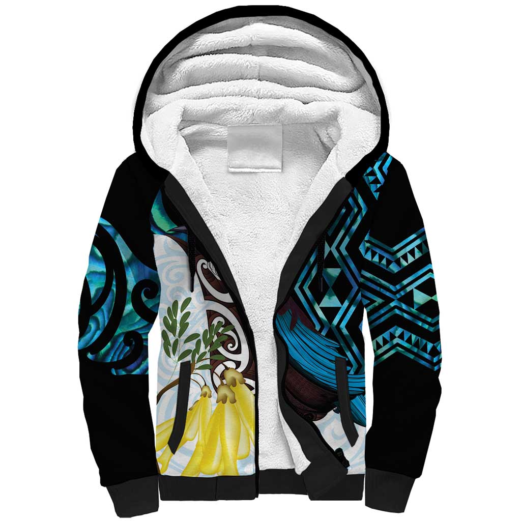 New Zealand Silver Fern Tui Bird Sherpa Hoodie Maori Kowhai Paua Shell Taniko Motifs