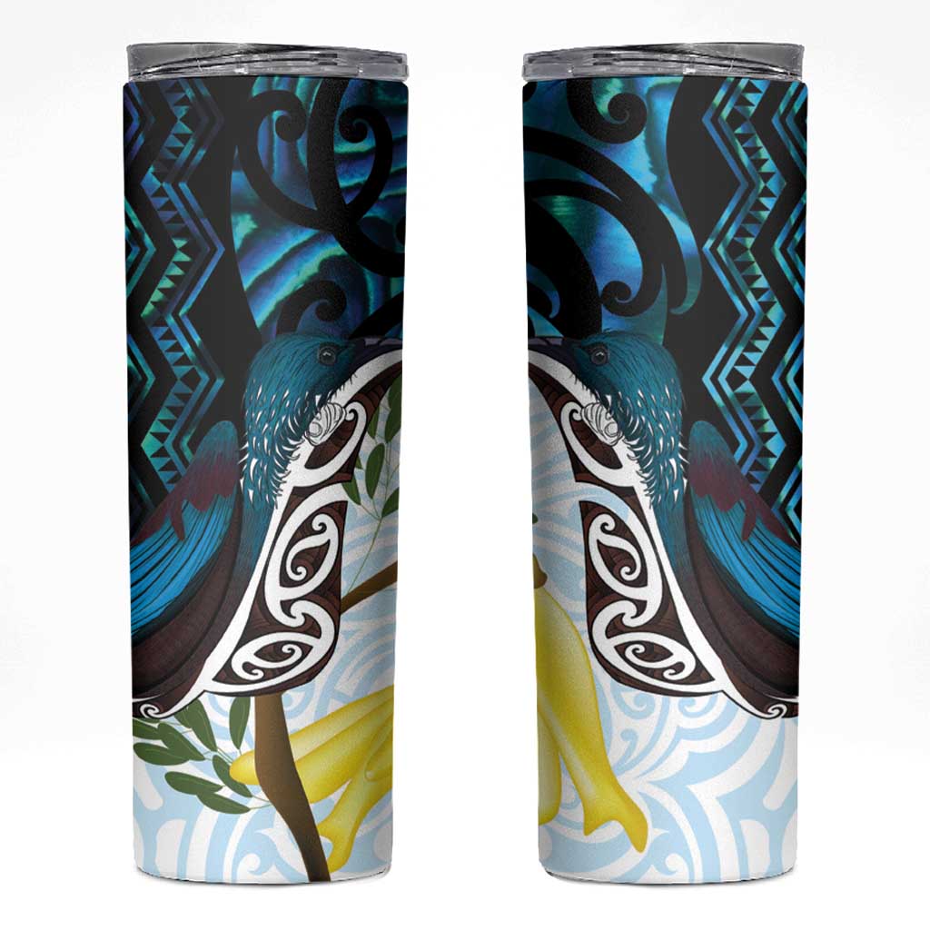 New Zealand Silver Fern Tui Bird Skinny Tumbler Maori Kowhai Paua Shell Taniko Motifs