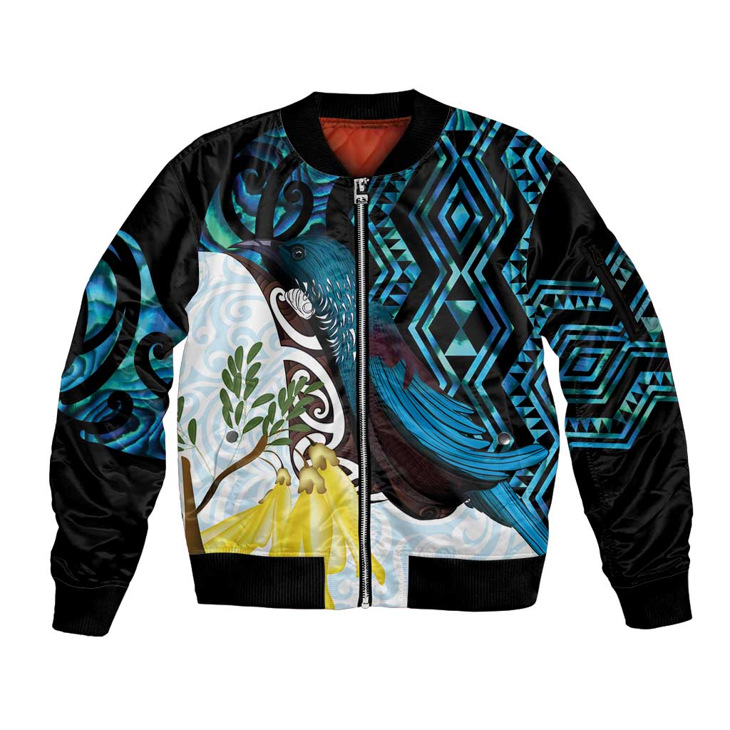 New Zealand Silver Fern Tui Bird Sleeve Zip Bomber Jacket Maori Kowhai Paua Shell Taniko Motifs